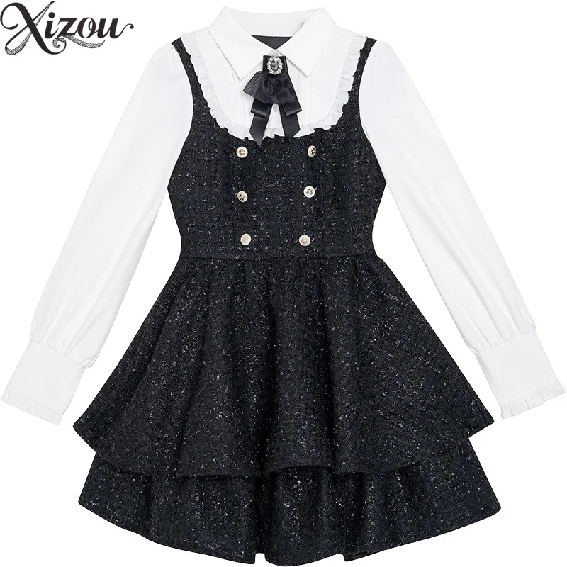 

​Black White Lolita Cake Dress Fake Two-Piece Silver Glitter Layers Preppy Bow Tie Pearl Buttons Japanese School Y2K ​JK Lady