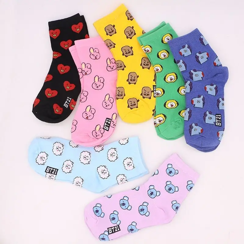 Bt21 Cartoon Peripheral Tata Chimmy Pure Cotton Mid-Length Socks Girls Kawaii Embroidery Casual Comfortable Breathable Stockings