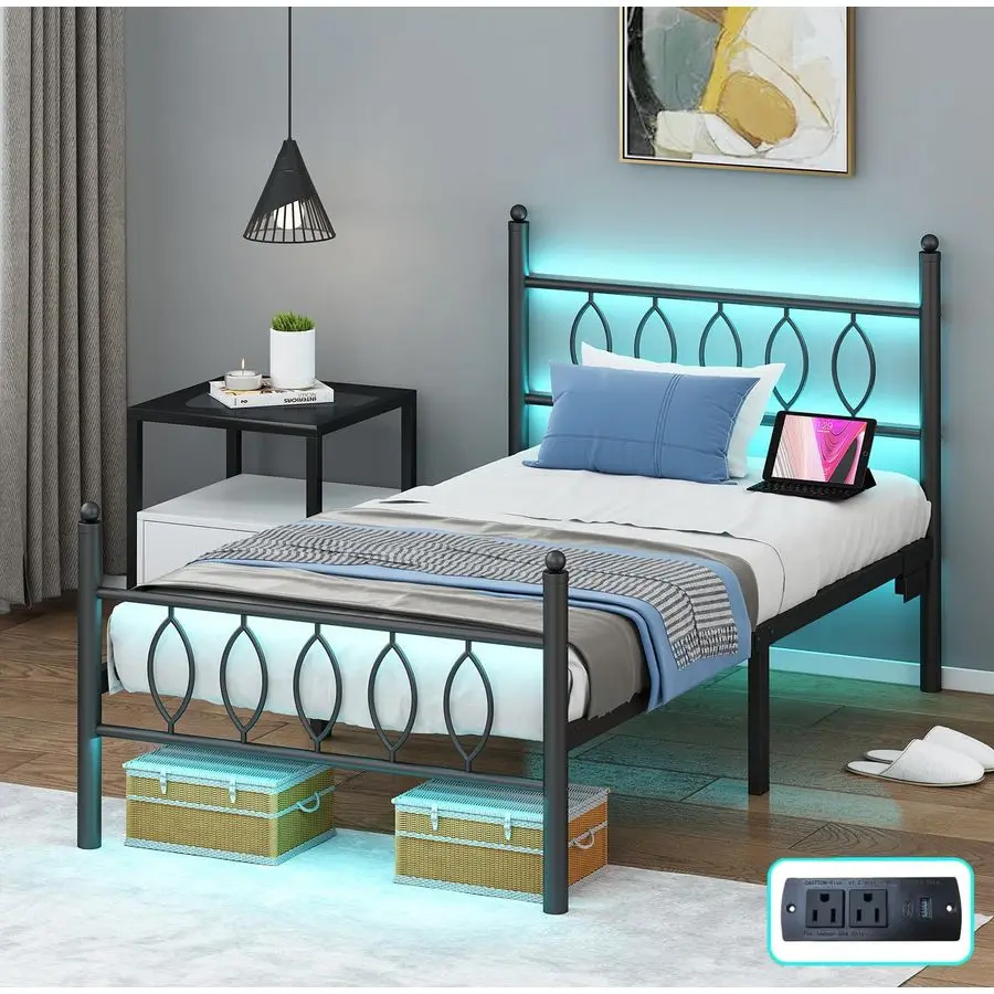 

Twin Size Bed Frame with Headboard,Black Metal Platform Bed Frame Twin Size with Charging Station amp LED Lights,12Inch Under B