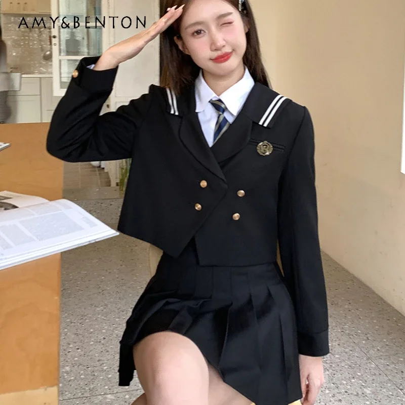 2024 New Japanese JK Original School Uniform College Style Black Sailor Collar Suit Jacket With Solid Color Skirt Set For Girls