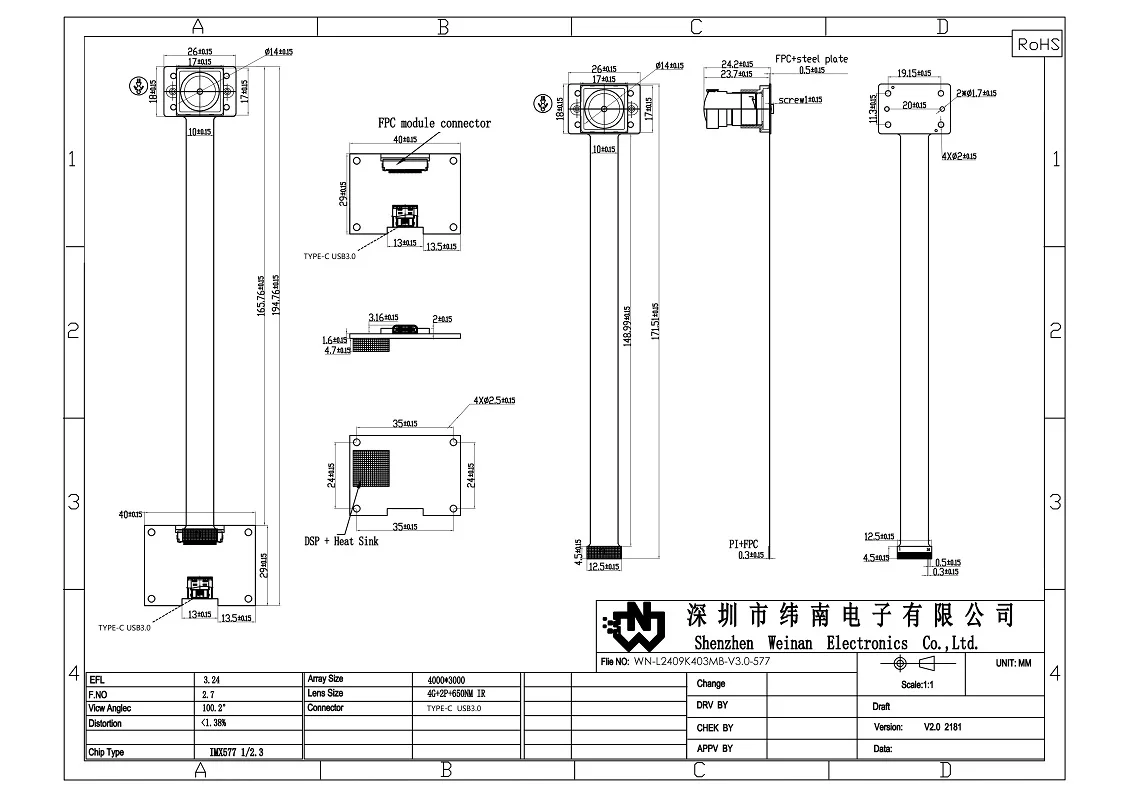 Módulo de câmera de foco fixo 25FPS para computador 12MP 1/2,3 polegadas IMX577 UVC USB3.0 Câmera industrial FOV 100 °   Sem distorção