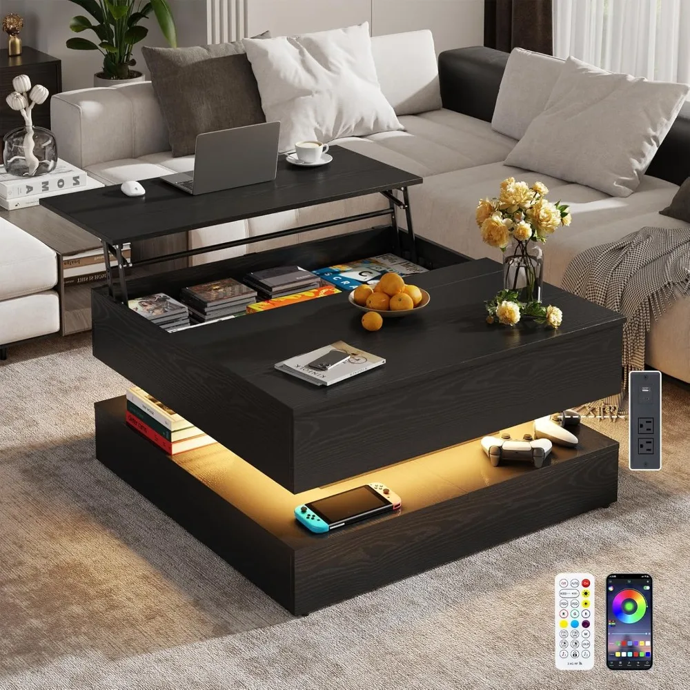 35.4 طاولة قهوة مربعة كبيرة مع سقف رفع، وطاولة مركزية مربعة حديثة مكونة من طابقين مع مساحة تخزين مقصورة مخفية #3