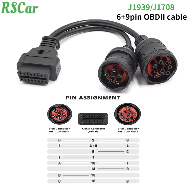 OBD2 J1939 J1708 9+6pin Cable for Cummins Truck Heavy Duty Vehicles Diagnostic Convertor OBD2 16Pin To 6pin 9pin Extend Adapter