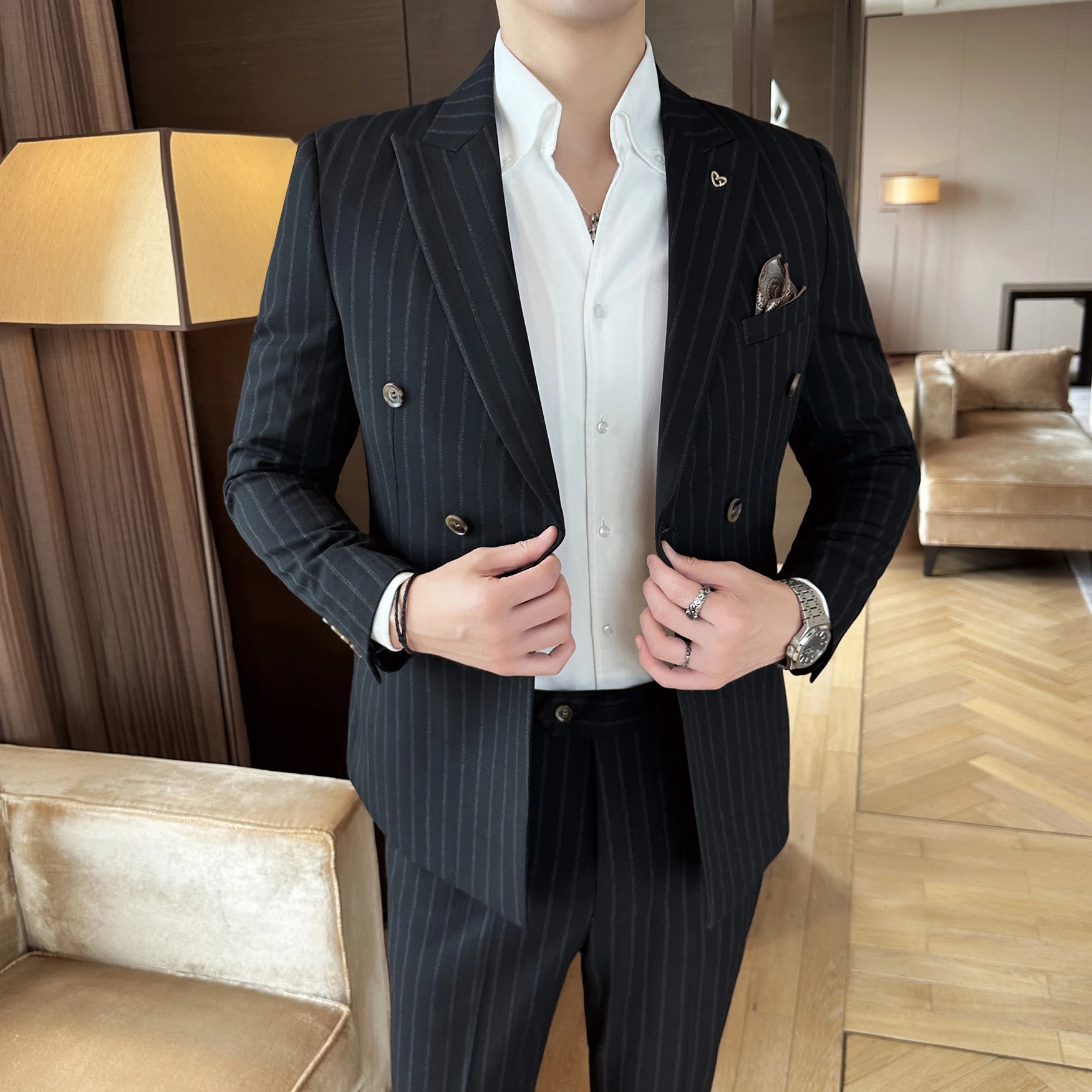 

Высококачественный осенний стильный и крутой деловой повседневный комплект в полоску, британский джентльменский костюм в корейском стиле, комплект из двух предметов
