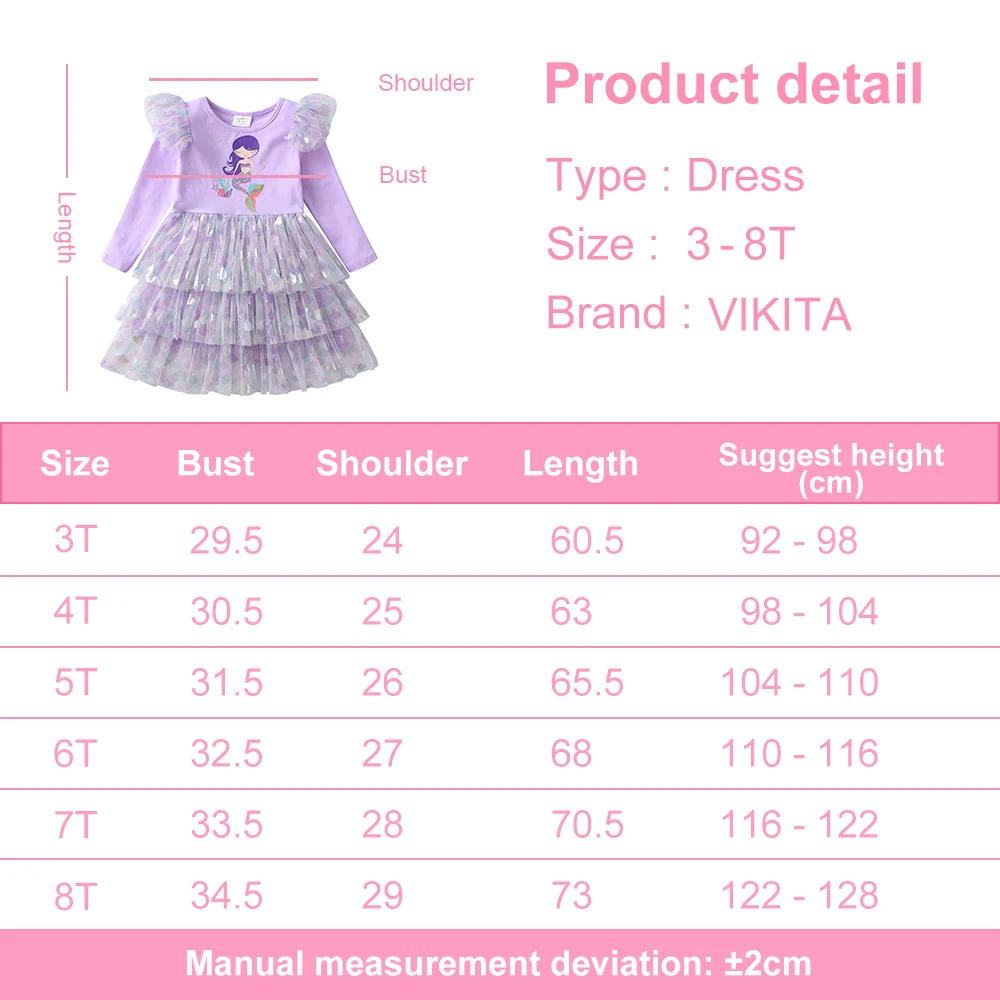 VIKITA Girls Long Sleeve Purple Dress Kids Mermaid Cartoon Dresses Girls Layered Mesh Tulle Princess Birthday Party Costumes