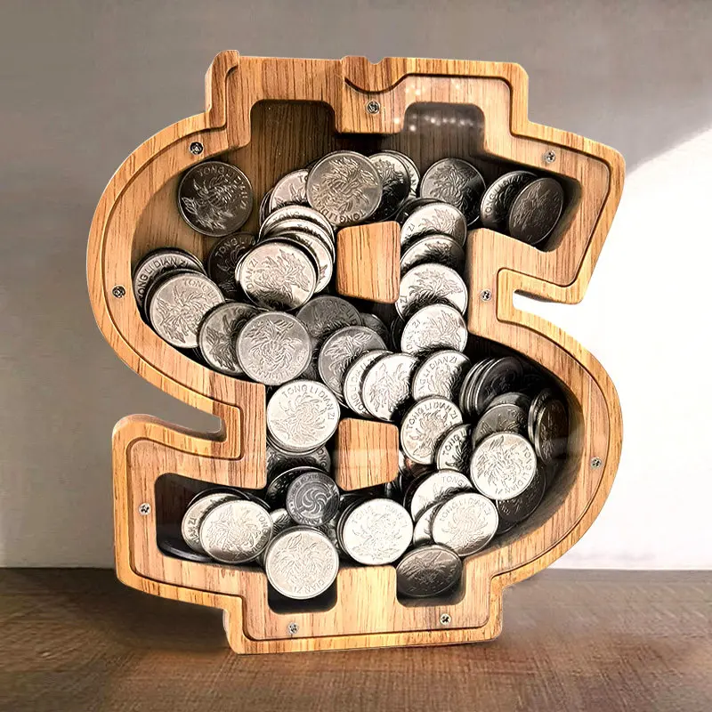 Wooden symbols, English letters, piggy banks, piggy banks, change coins, transparent decorative ornaments, holiday gifts