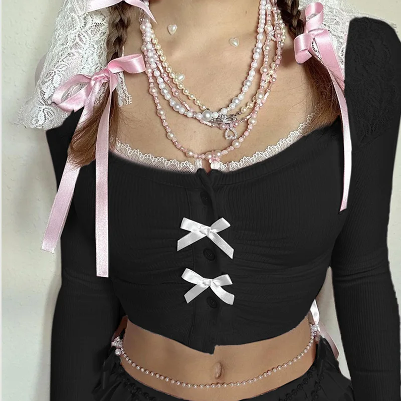 Y2K Slim Bow Lace Trim Cropped T Shirt Sweet Casual Square Collar Long Sleeve Tees Women 2024 Autumn Spring Streetwear Lady