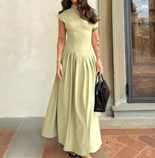 

Women's Dress 2025 Women's Summer Latest Hot Selling Round Neck Short Sleeved Patchwork Irregular Pleated High Waisted Skirt