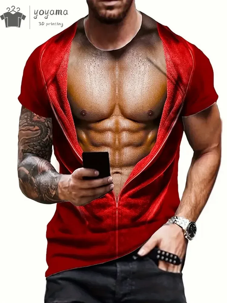 3D-Gedrucktes Schnelltrocknendes Atmungsaktives Herren-T-Shirt mit Fake-Muskeln für Sport, Outdoor, Streetwear, Trendy-Style, Rollenspiel, Party, O-Ausschnitt-Oberteil – Detail 9