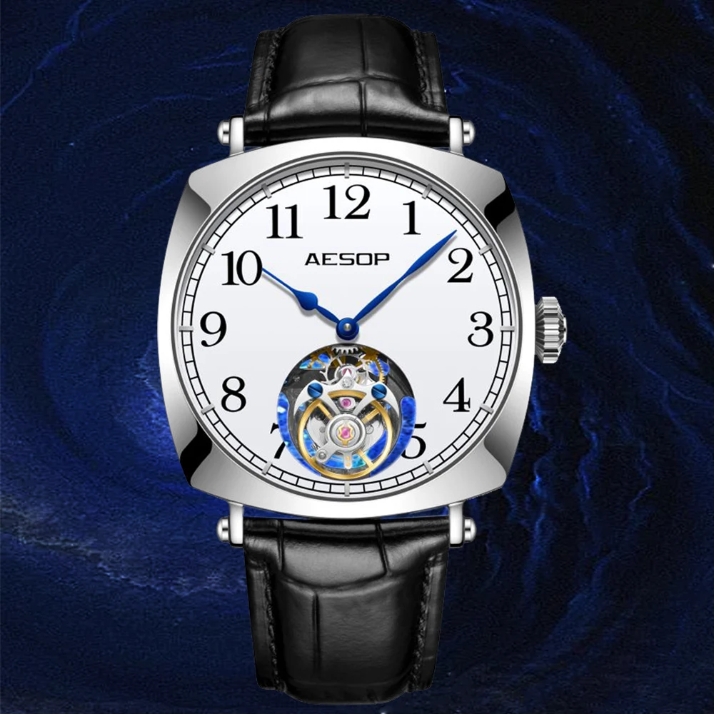 

Aesop Double Sided Hollow Sketelon Tourbillon Watch Men Mechanical Wirstwatch Sapphire Waterproof Super Luminous Clocks 21600Hz