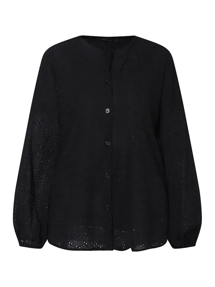 ZANZEA 2025 Herfst Mode Vrouwen Hollow Out Shirts Office Lady Tops Casual Solid Bladerdeeg Mouw Losse Katoenen Oversized Blusa Femme