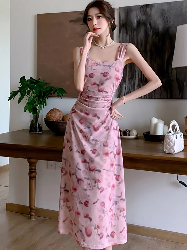 

2024 Pink Floral Mesh Chic Sling Long Dress Summer Elegant Casual Beach Sundress Women Korean Fashion Bodycon Party Night Dress