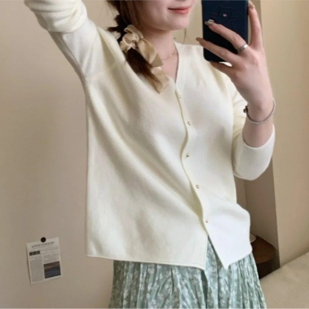 Cardigan tricoté pour Femmes, col en v, pull fin, haut ample, tendance, tout-assorti, tempérament, Style Simple, vêtements décontractés