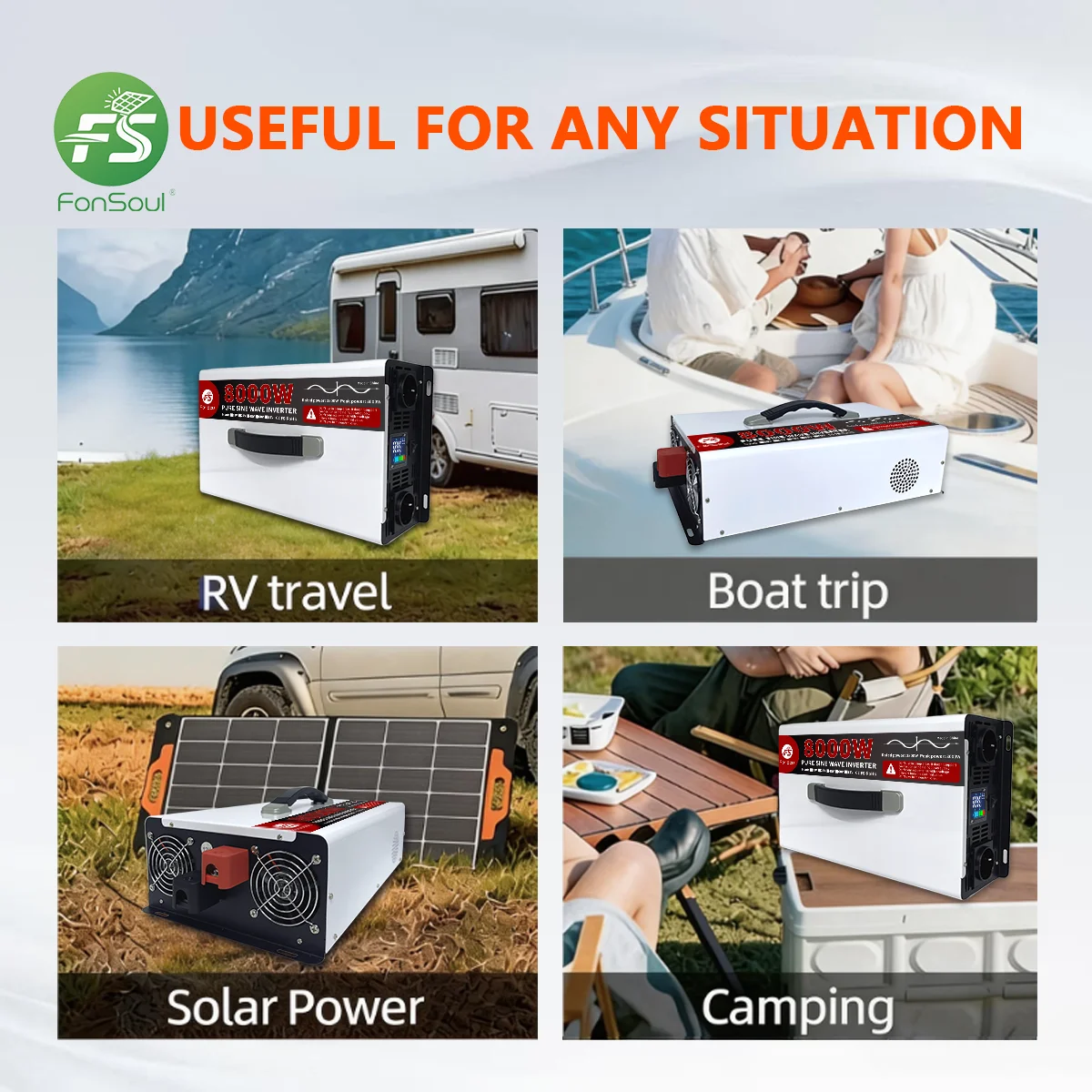 Fonsoul 8000W 12V 24V to 110V 220V Pure Sine Wave Portable Inverter 2 Universal Outlet for Solar Automobile RV Home Appliance