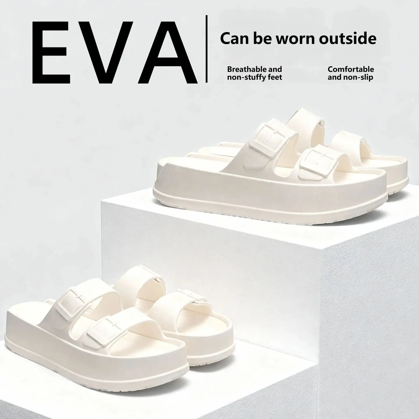 Summer Fashion EVA Platform Slides Double Buckle Strap Non‑Slip Wear‑Resistant Comfort Slippers For Daily Beach Walking