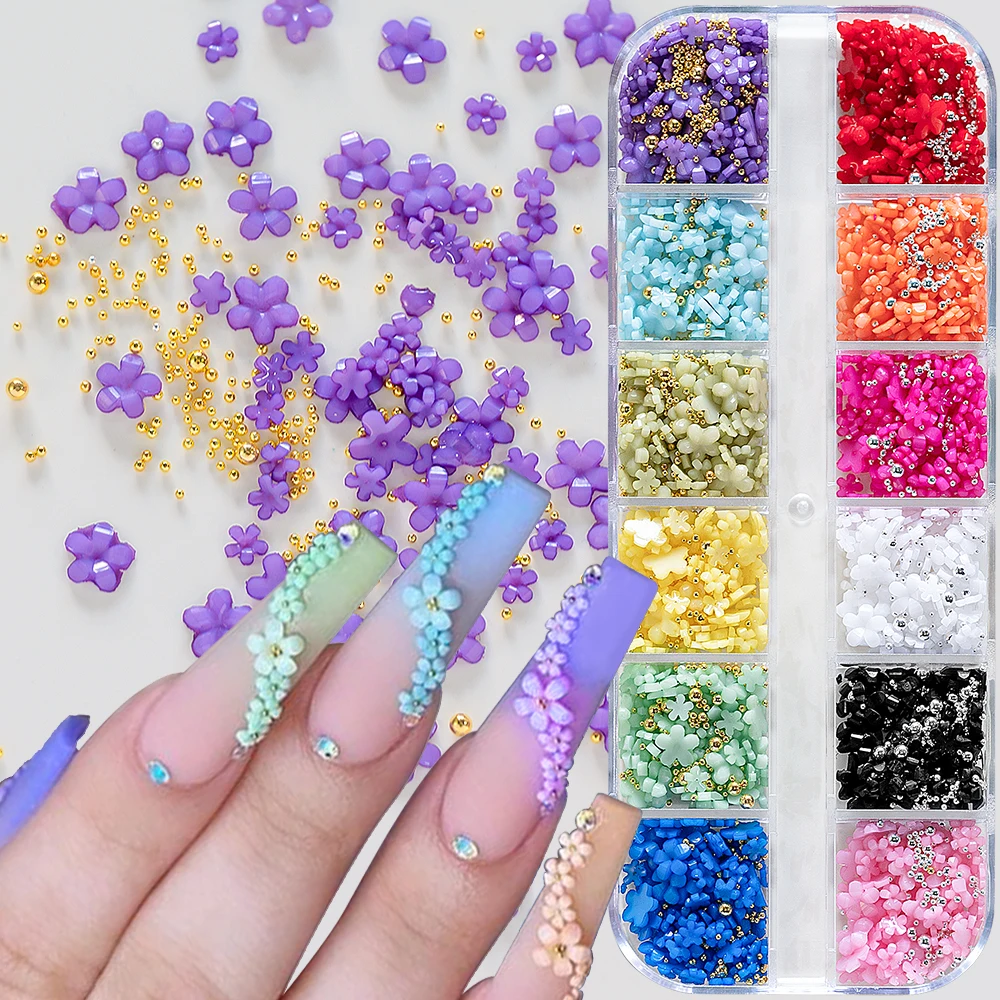 12 grades coloridas flor acrílica amuletos de unhas 1000 + mini resina 3d flores de cinco pétalas contas de caviar peças de unhas misturadas diy fornecimento de unhas