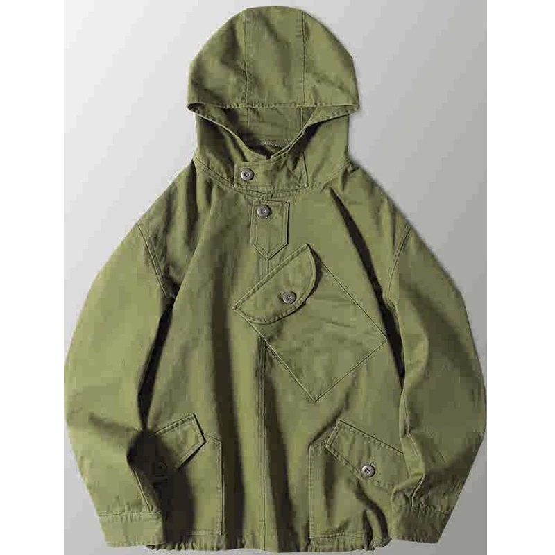 

Trendy Men's Military Green Workwear Jacket Hooded Sweatshirt Spring and Autumn Pullover with Multiple Pockets Loose Cotton Top
