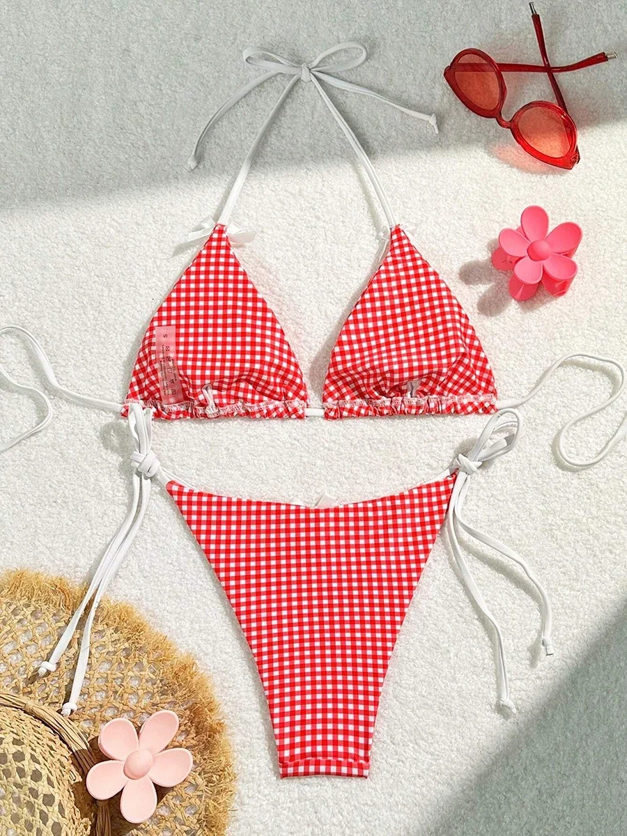 Sexy Bikini 2025 Swimwear Women's Swimsuit Butterfly Decor Checked Halter Neck Thong Bikinis Sets Summer Beachwear Bathing Suits