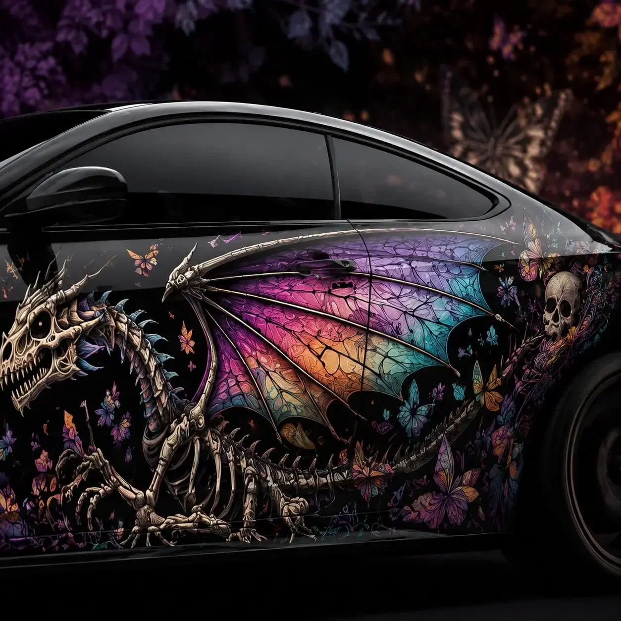 Skeleton Dragon Car Wrap Vinyl Decal, Colorful Wings & Butterfly