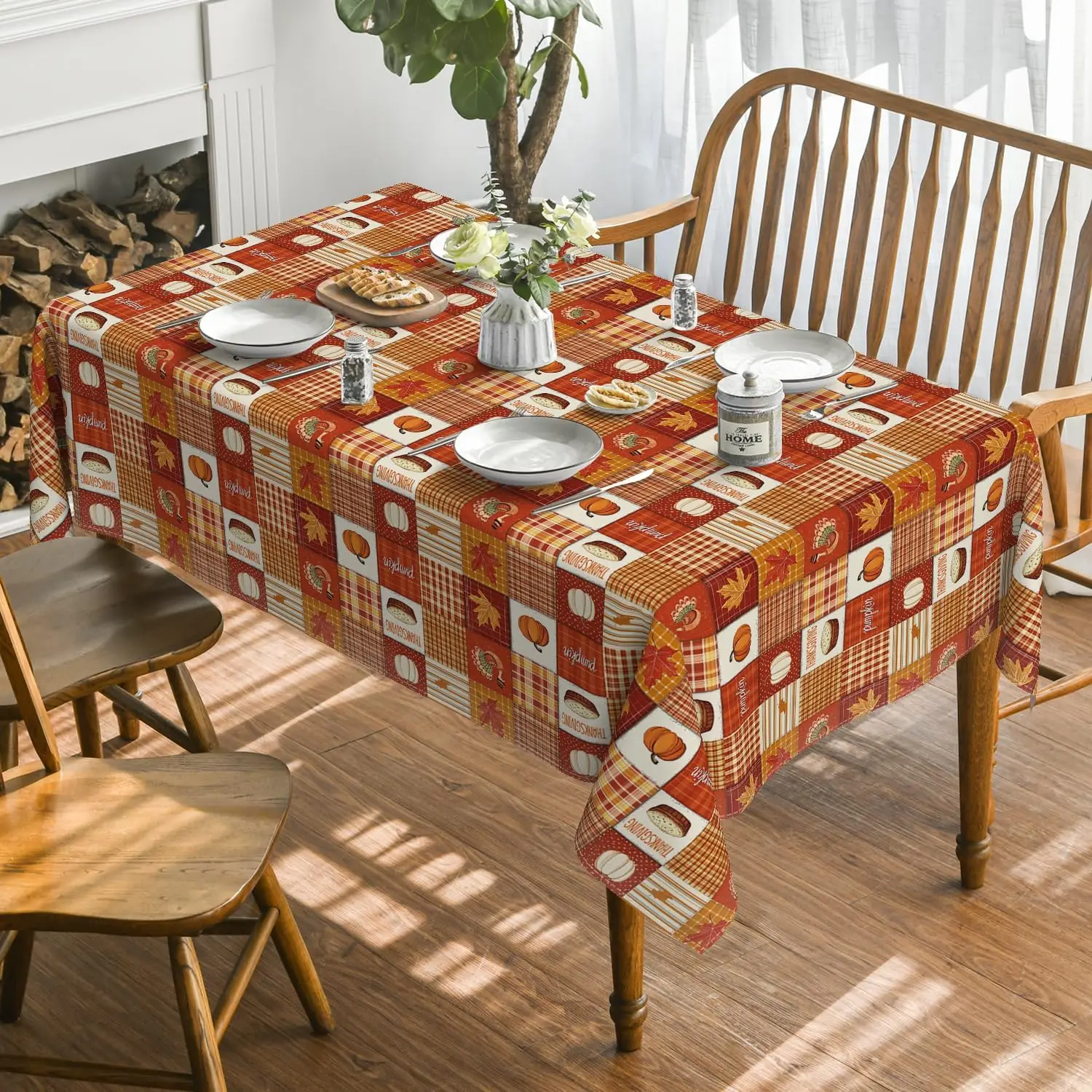 Fall Thanksgiving Turkey Pumpkins Plaid Tablecloth for Table Decor Autumn Harvest Kitchen Dining Table Cloth Autumn Decorations