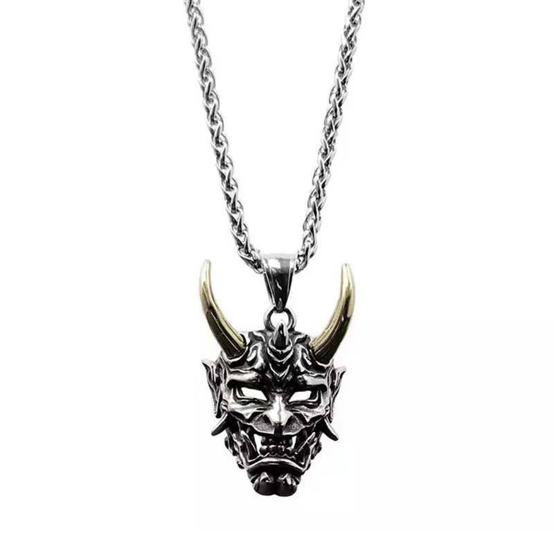 Vintage Punk Ghost Skull Mask Pendant Necklace Gothic Oni Samurai Golden/Silver Color Horn Horror Halloween Necklaces Jewelry