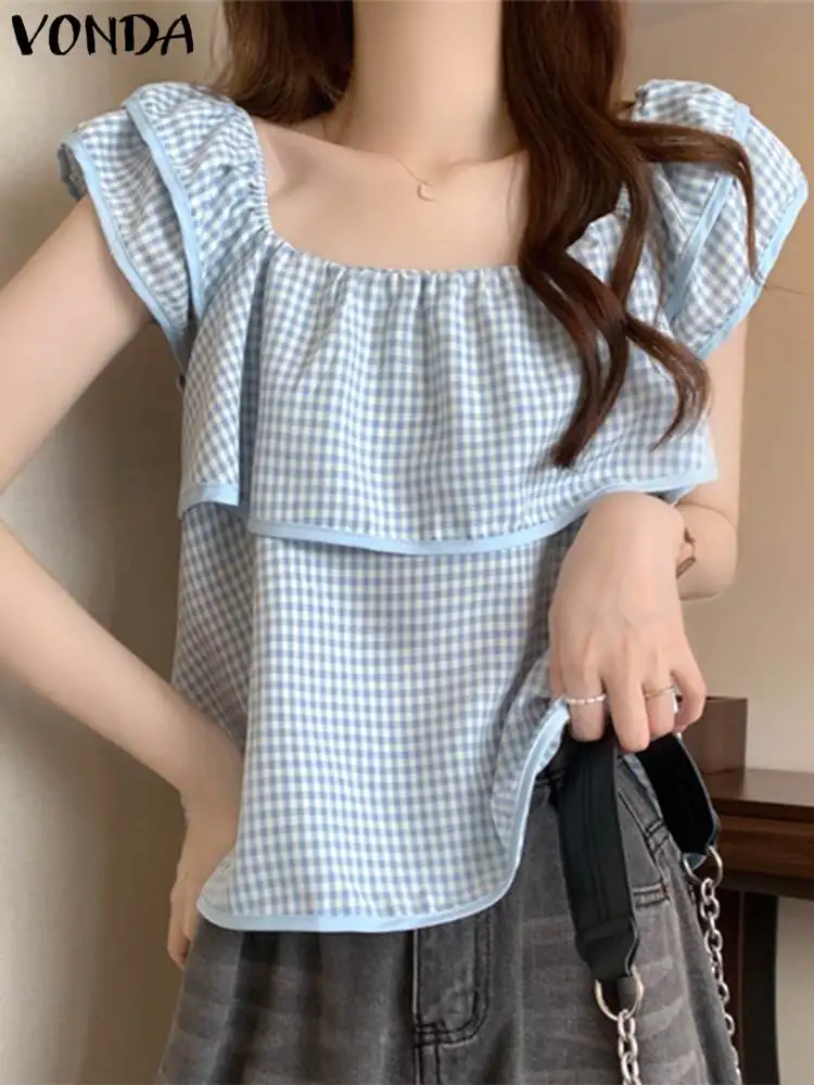 2024 VONDA Fashion Ruffle Blouse Women Summer Bohemian Plaid Tops Square Collar Short Sleeve Printed Shirt Elegant Office Blusas