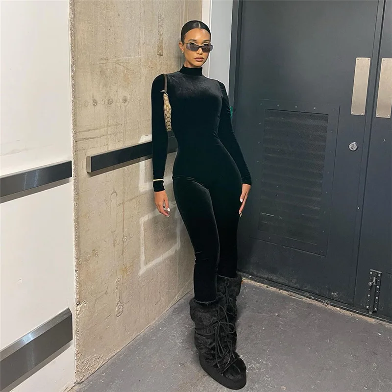 Black Turtleneck Bodycon Jumpsuit Evening Party Club Outfits For Women 2023 Fall Long Sleeve Velvet High Waist Jumpsuits