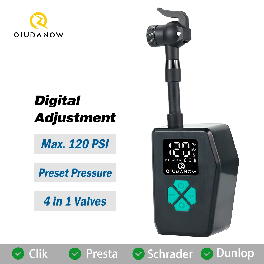 

Электрический портативный насос для велосипедных шин с цифровым дисплеем для MTB и шоссейных велосипедов - 4 насадки для быстрой накачки для велоспорта