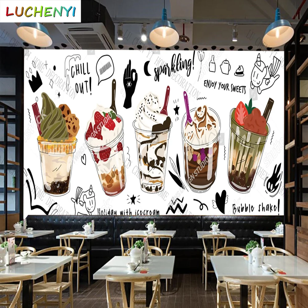 Custom bubble tea juice ice cream wallpaper mural restaurant cold drinking shop dining room wall papers home decor sticker