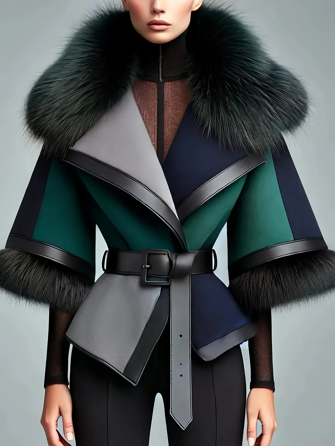 Women Color Block Faux Fur Collar Cropped Jacket with Belted Patchwork Fur Cuff Short Coat Winter Casual Vintage Outerwear