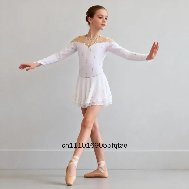 White Figure Skating Dress Girls Women Stretchy Mesh Professional Competition Test Training Performance Ice Skating Costume