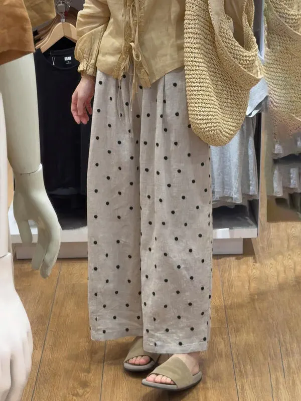 

Summer Casual Large Size Women's Wide Leg Pants Linen Gingham Print Loose Fit Trousers with Rope Waist Straight Cut Nine Points