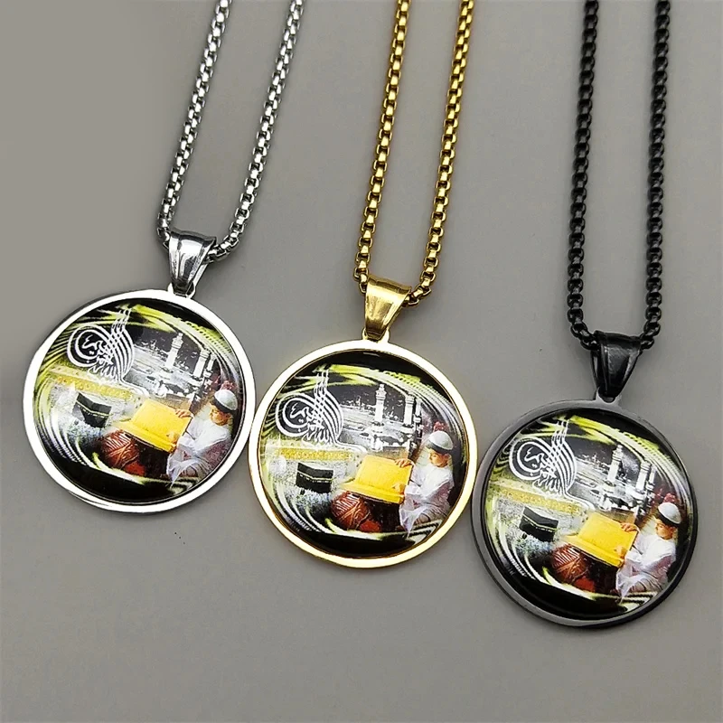 Islamic Mecca Mosque Kaaba Building Glass Pendant Necklace for Women Men Stainless Steel Arabic Quran Muslim Amulet Jewelry