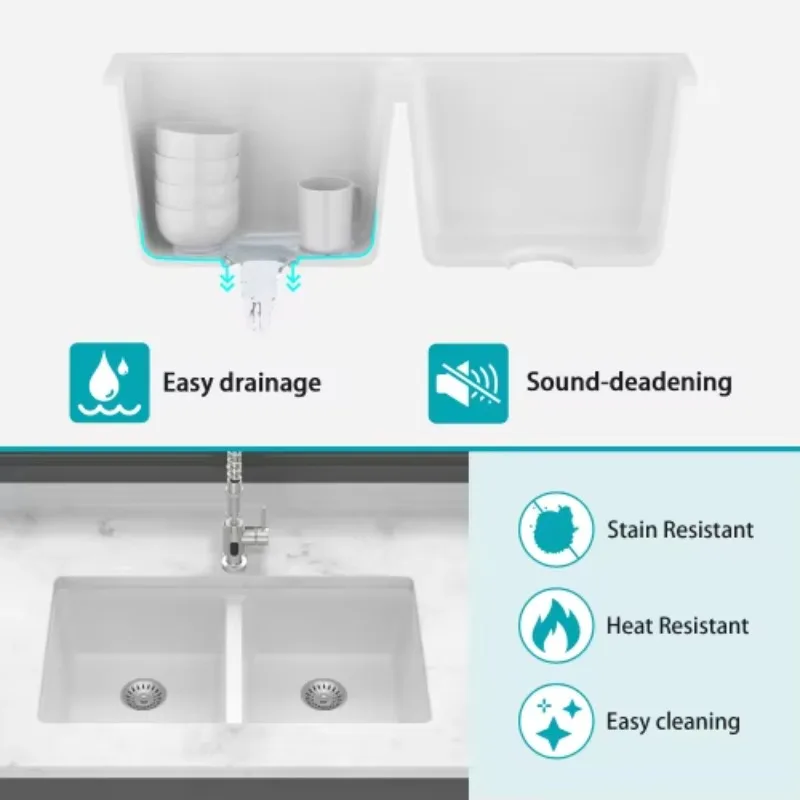 

ATV33x19 Inch White Composite Quartz Granite Sink, Double Bowl With Drainboard Undermount Modern Kitchen Sink Set Wholesale
