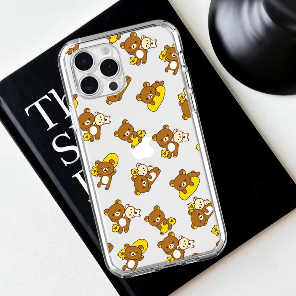 Cute R-Rilakkumas Bear For iPhone 16 15 13 14 12 11 Pro Plus MAX XS iPhone13 14 Mini Transparent Phone Case