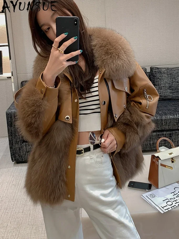 AYUNSUE Genuine Sheepskin Leather Jacket Women 2023 Winter 90% White Duck Down Coats Real Fox Fur Coat Fashion Loose Fur Jackets