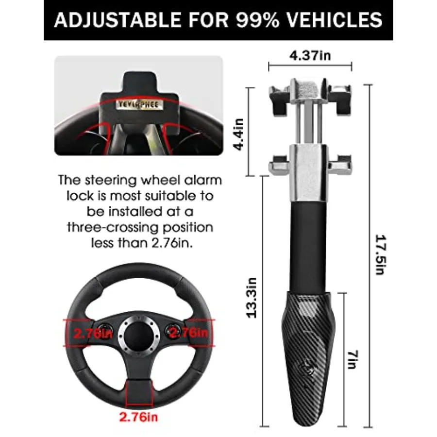 Steering Wheel Lock with Alarm for Vehicle Security, Heavy Duty Steel, Black, Universal Fit with 2 Keys and Loud Alarm