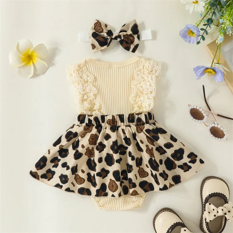 Baby Girl 2Pcs Summer Outfits Sleeveless Leopard Print Romper Dress with Headband Set