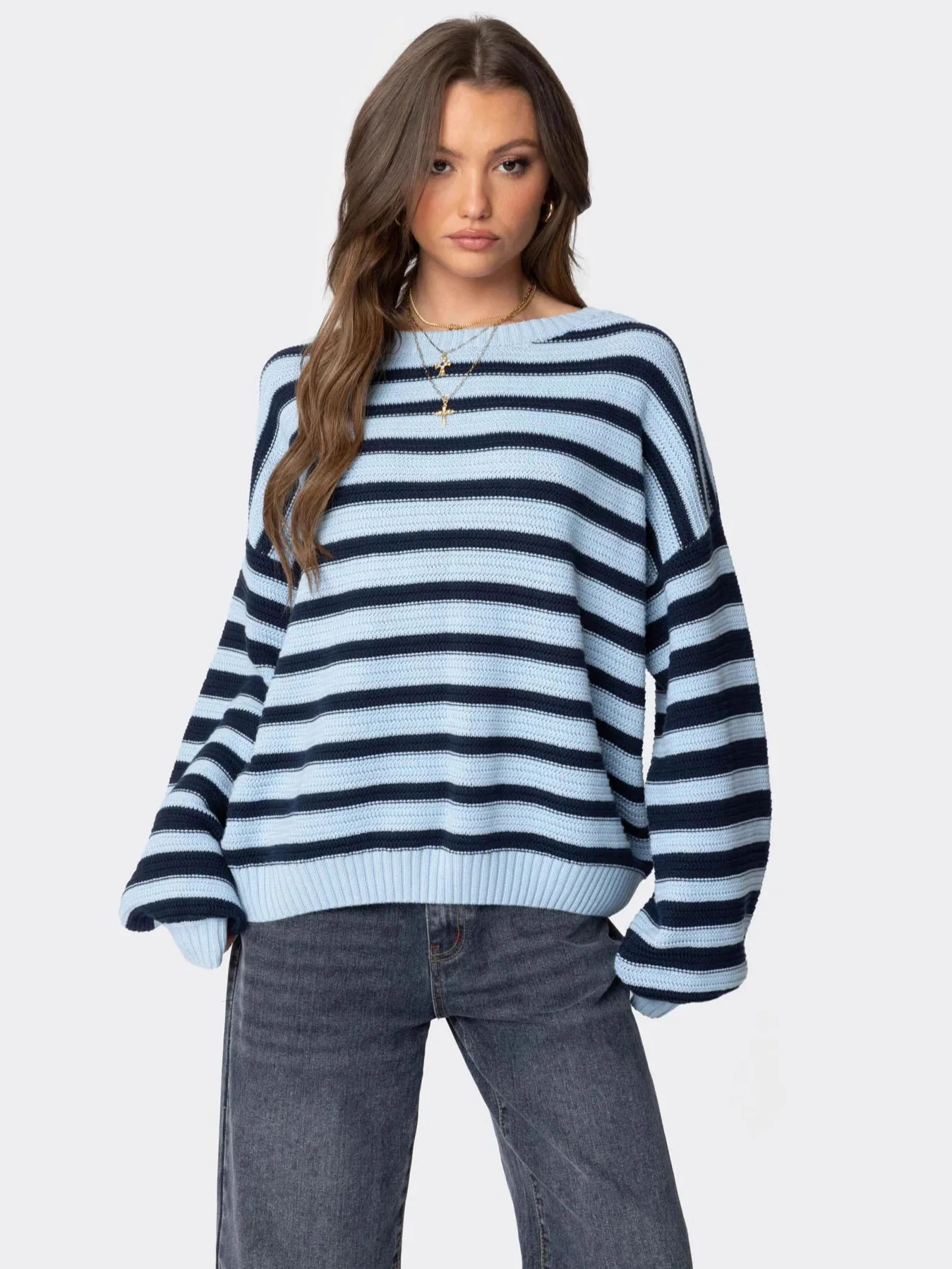 เสื้อสเวตเตอร์สไตล์โบฮีเมียน ลายทาง ทรงหลวม โอเวอร์ไซส์ หรูหรา ระบายอากาศได้ดี สวมใส่สบาย คอเสื้อแบบคลาสสิก เนื้อผ้ามีเท็กซ์เจอร์