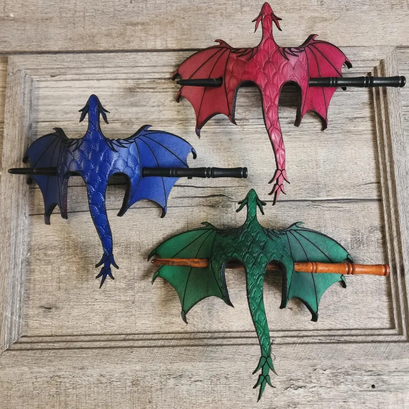 Medieval Dragon Hair Stick with Wooden Pin–Cosplay Accessory–Carved Leather Dragon Hair Ornament–Viking Fantasy Hair Accessory view 4