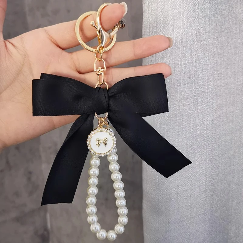 Faux Pearl Bow Keychain para Bolsa Bag, Acessórios Pingente, Pulseira Frisada Bonito, Fita Do Charme Do Carro