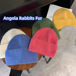 Korea Ins Fashion Angora Rabbit Fur Knitted Hat Women Soft Warm Fluffy Winter Hat Female Bonnet Warm Knit Skullies Beanies Cap