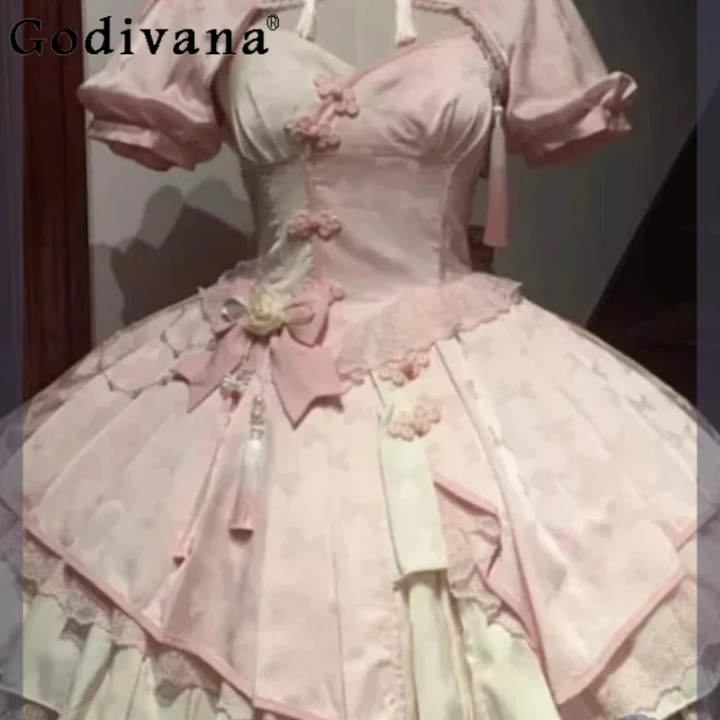 

Spring New Chinese Lolita Elegant Stand-up Collar Short Sleeve Pink Tops Fashion High Waist A-line Princess Suspender Dress Sets