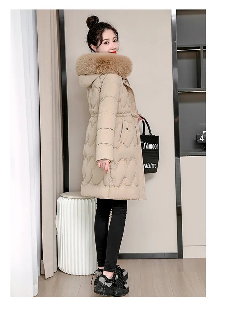 2026 Winter New Fur Collar Puffer Down Parka Loose Long Hooded Warmer Thicken Snow Jacket Pocket Zipper Outerwear Female