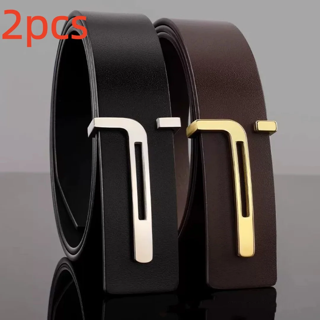 2Pcs Men PU Leather Belt Set, Silver & Gold T‑Shape Slide Buckle, Black Brown Business Casual Waist Belt