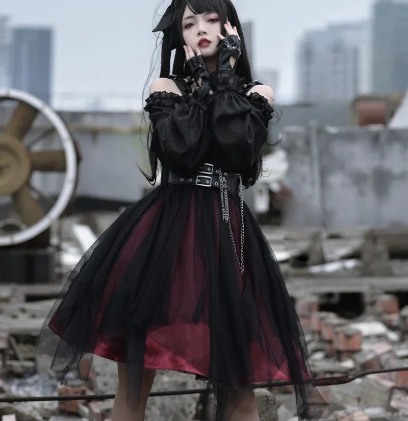 2026 جديد القوطية شبكة سوداء لوليتا فستان للنساء عالية الخصر مائل الرقبة الظلام الشرير الشارع الشهير خمر فستان حفلة الأميرة #5