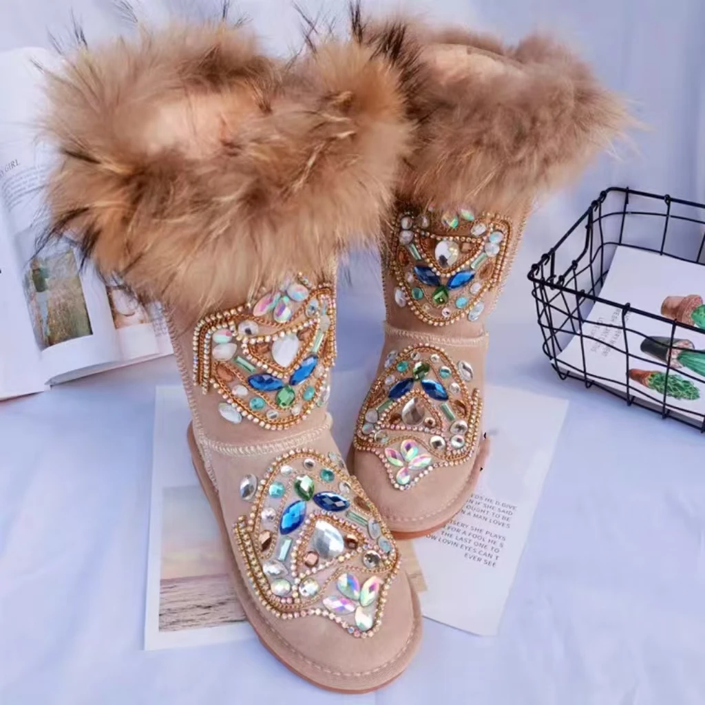 Heavy diamond accessories custom natural fox hair tall tube women's large size fur one snow boots 35-44