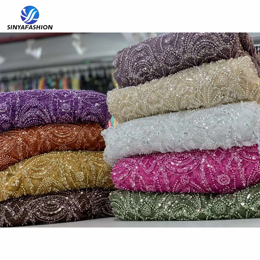 

Sinya Gold Luxury African Heavy Handmade Beaded Lace Fabric 2024 High Quality 5Yards Sequins French Tulle Lace For Wedding Party