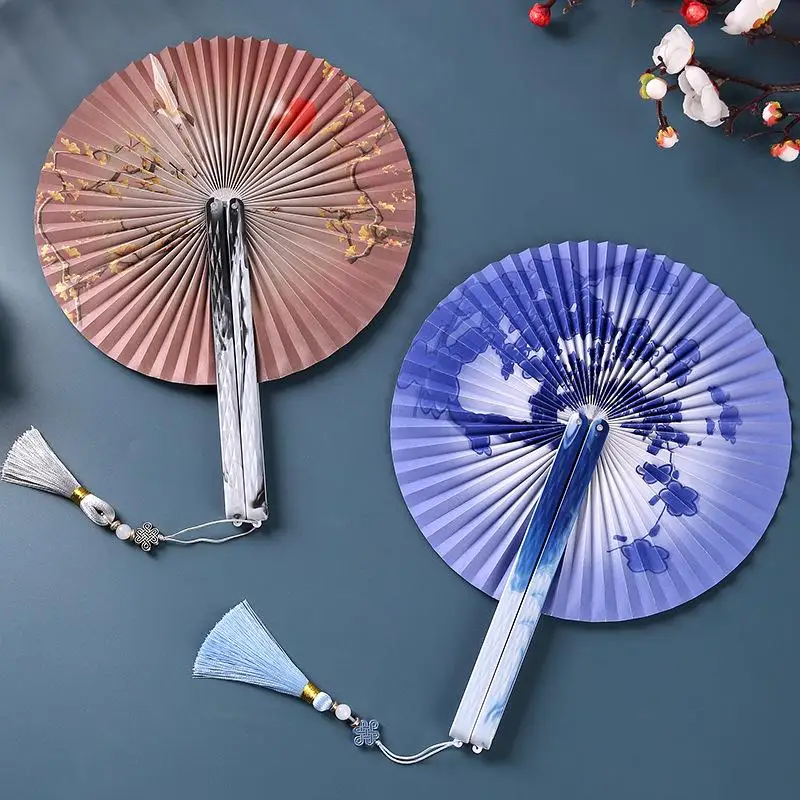 Hot Sale Foldable Purple Round Hand Fan Floral Butterfly Print Tassel For Summer Cosplay Outdoor Use