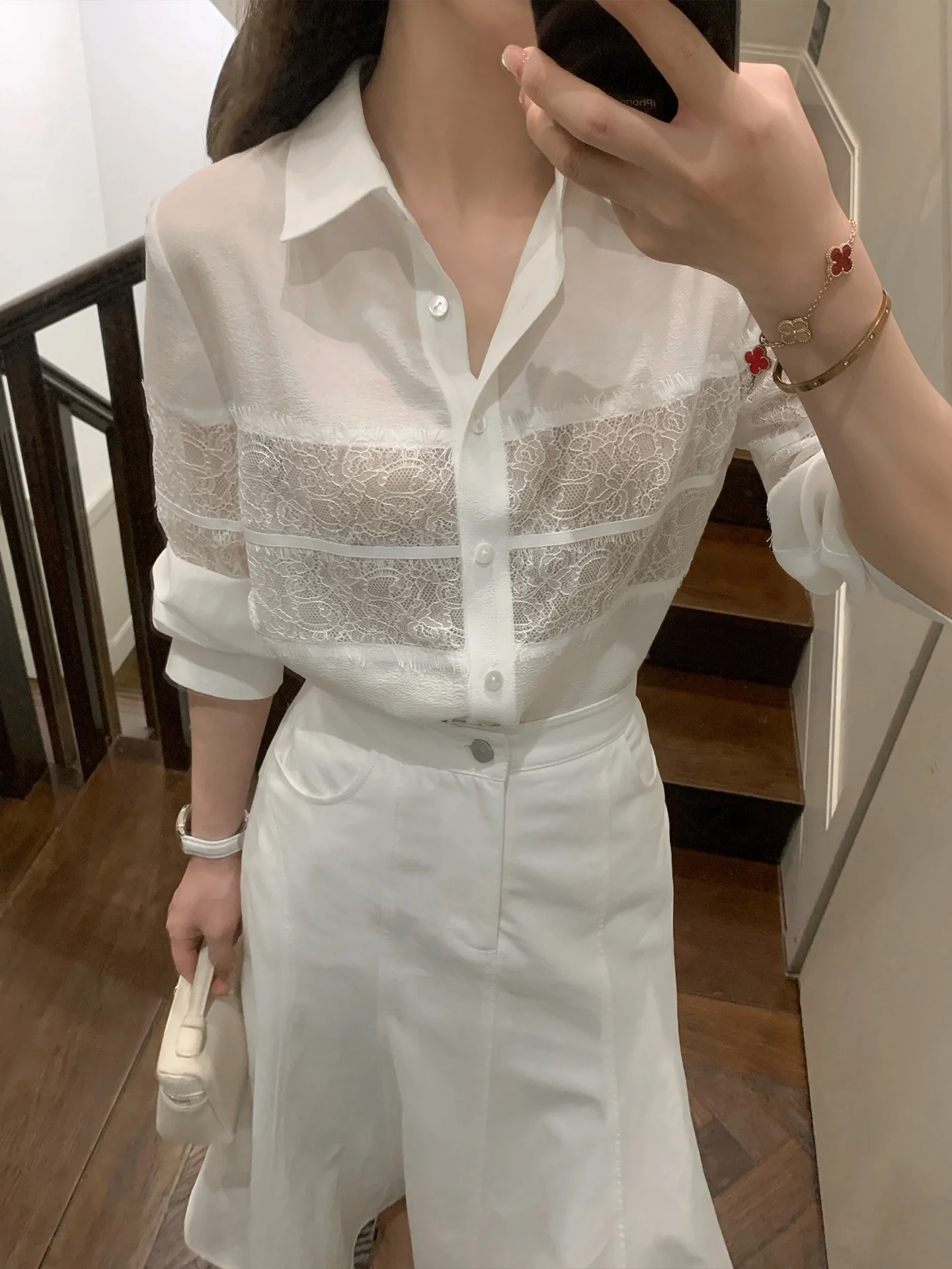 

White Lace Long Sve irt Women's Spring Versatile Acetate irt Cact Size Hong Kong Island Love Letter irt Coll...